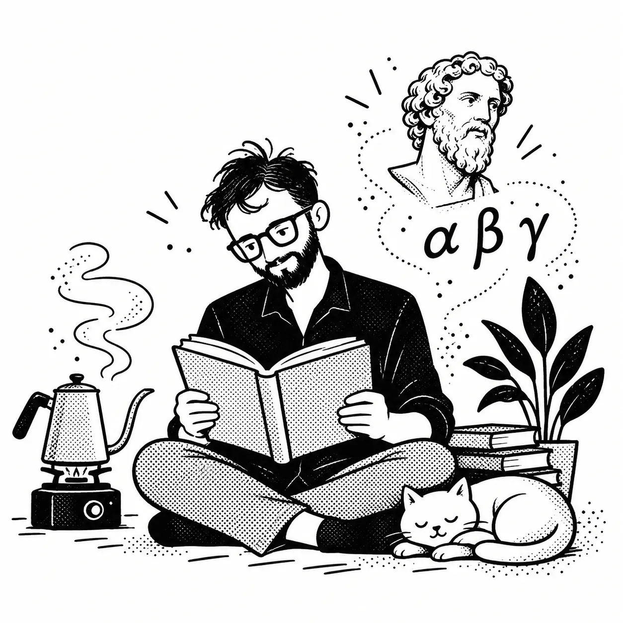 Yef leyendo sentado junto a una tetera que calienta agua, con un busto griego y letras griegas alrededor.