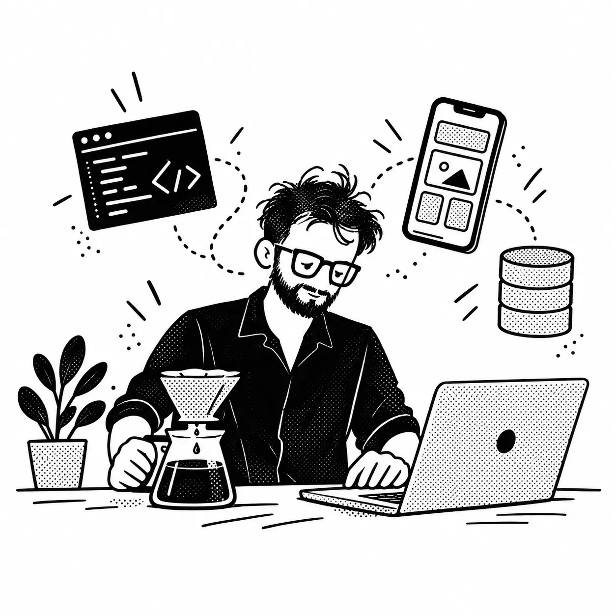 Yef programando en su laptop junto a un café que gotea, con una ventana de código y un celular alrededor.