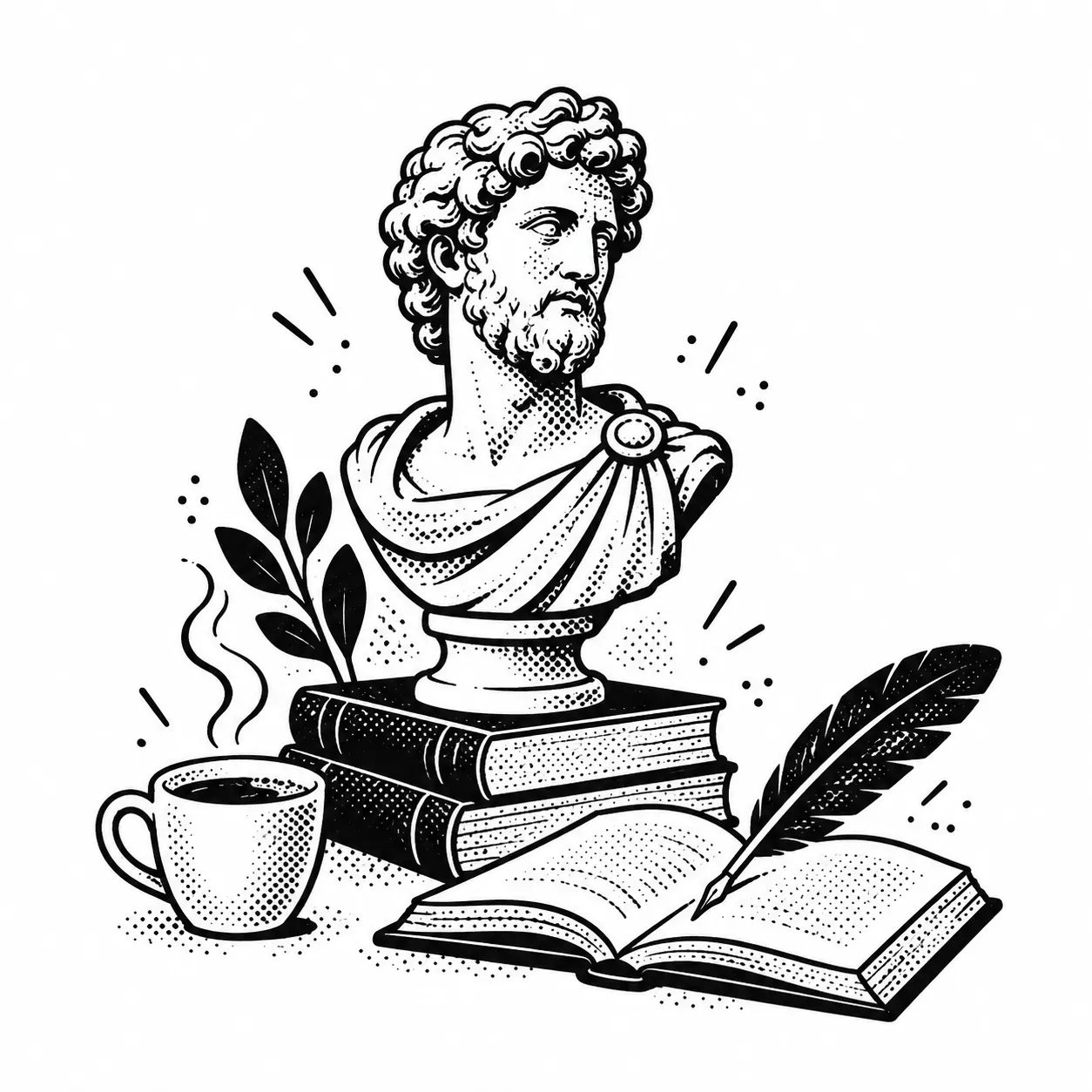Un busto griego sobre dos libros, con un libro abierto, una pluma y una taza pequeña.