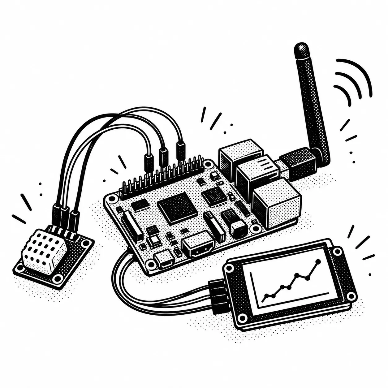 Una placa tipo Raspberry Pi conectada con cables a un sensor y una antena.