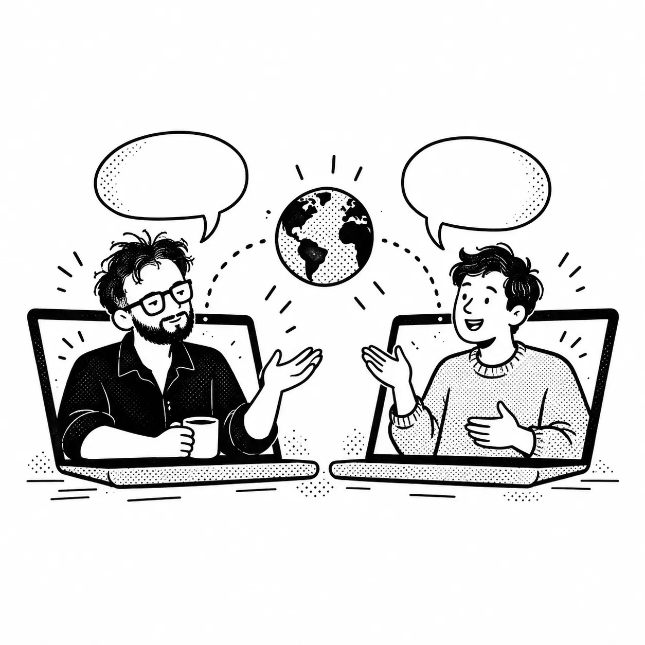 Yef y otra persona conversan a través de dos laptops, con un globo terráqueo entre los dos.