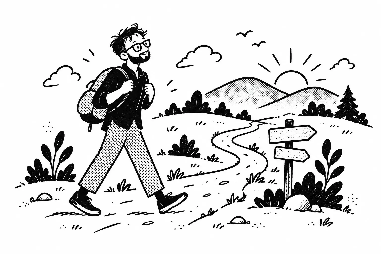 Yef caminando con su morral por un sendero hacia las montañas y el sol.