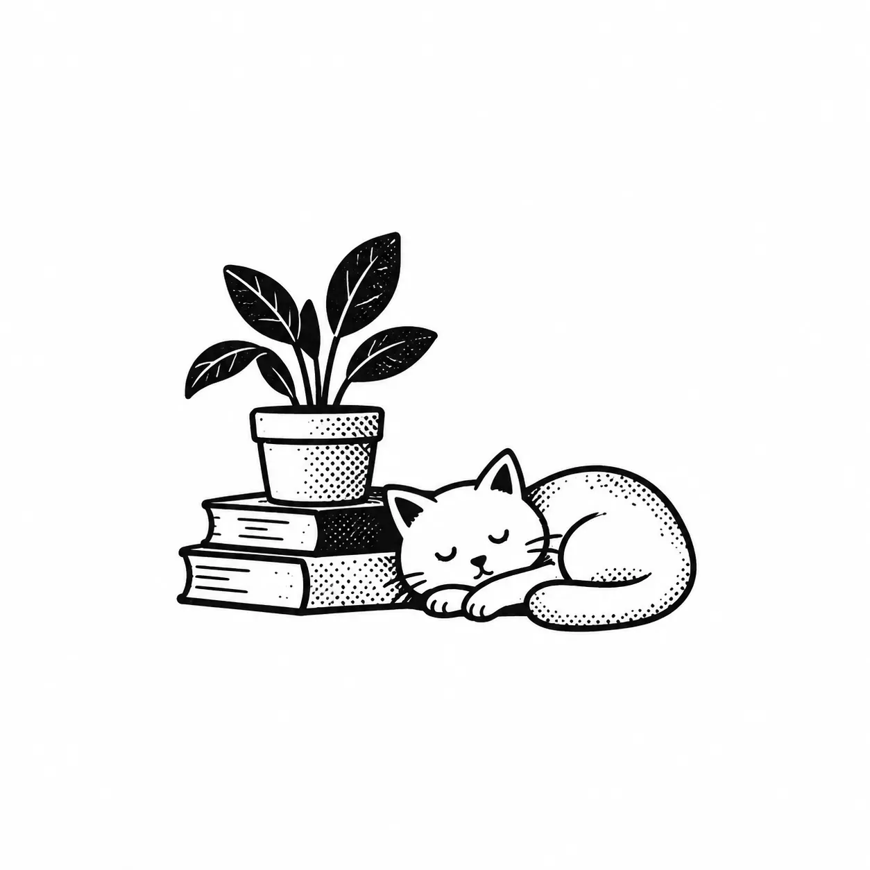 Una pila de libros con una planta encima y un gato dormido al lado.